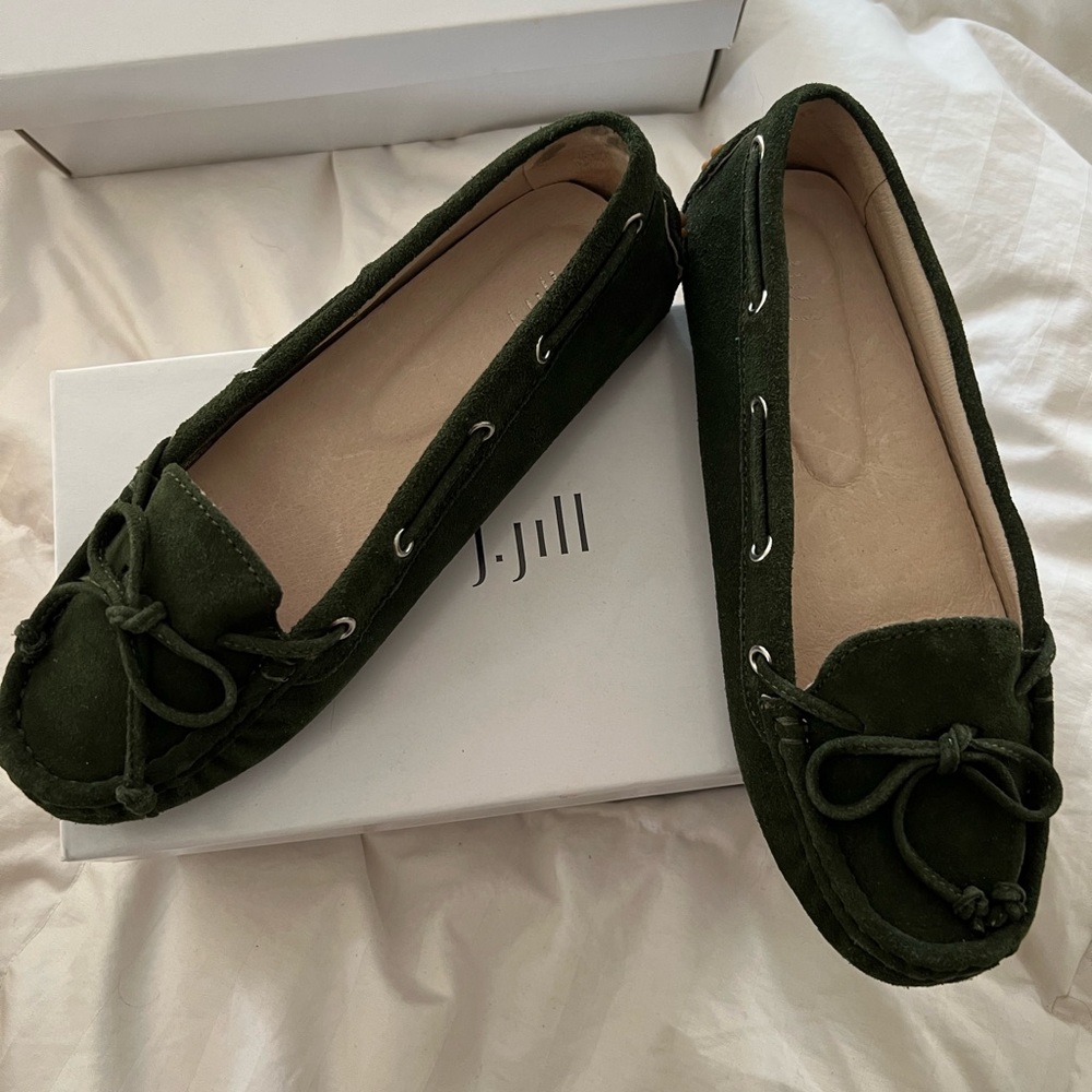 New JJill green suede mocks, a bit narrow. Beautiful color, great looking.